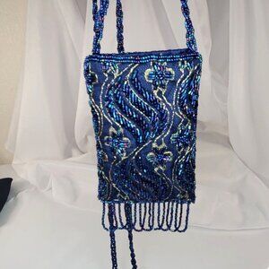 Vintage Blue Beaded Evening Bag With Fringe & Strap